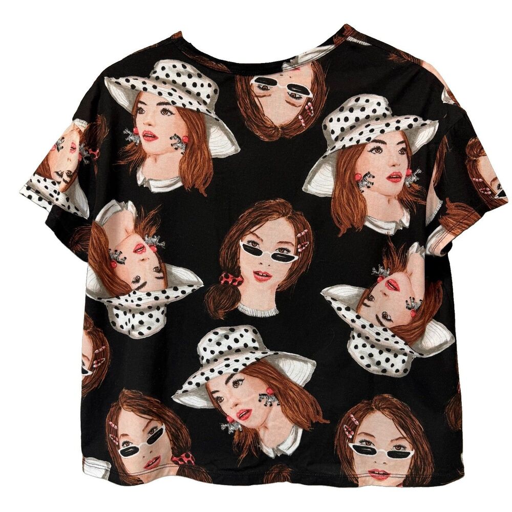 ZARA Womens Size Medium Allover Pop Art Women Print 100% Cotton Fashion T Shirt